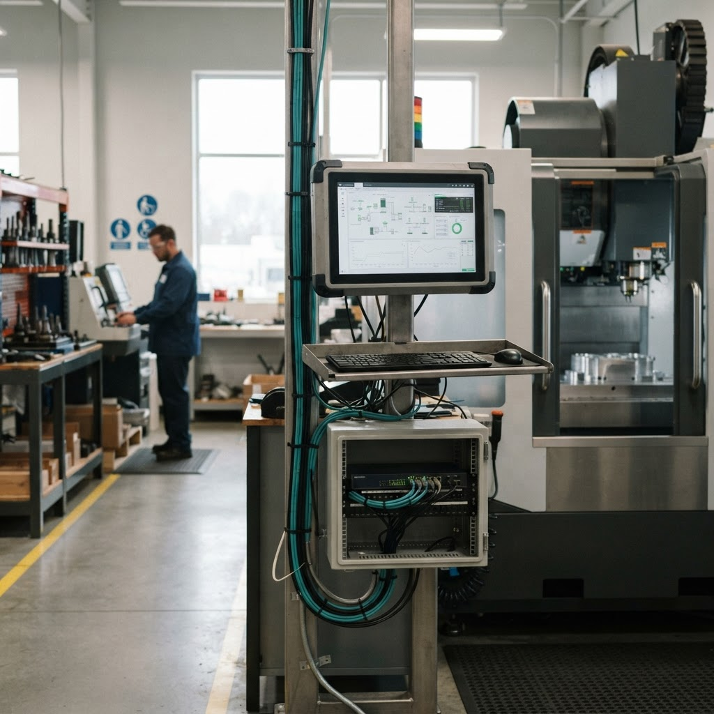 Networked industrial workstation and business-grade networking equipment on a clean manufacturing shop floor